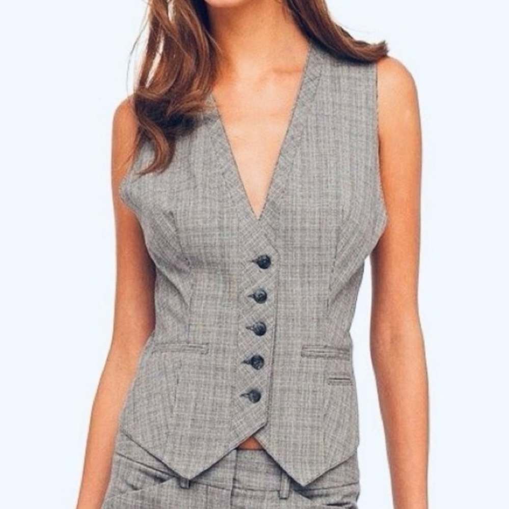 Norma Kamali Vest Womens S Gray Glen Check Plaid Formal Lined Pocket Preppy